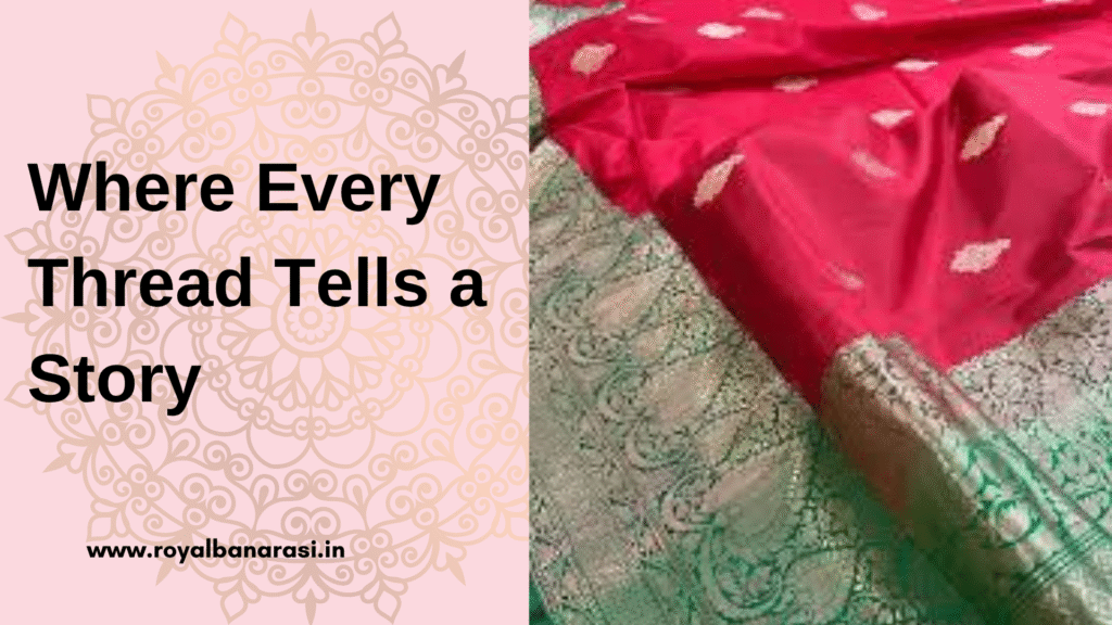 Half of side is text and half of side is saree which hand made saree and design based on butidar banarasi saree.