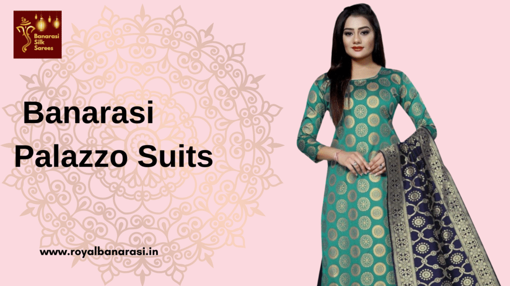 A girl having green and dark blue suit which also known as Banarasi Palazzo Suits