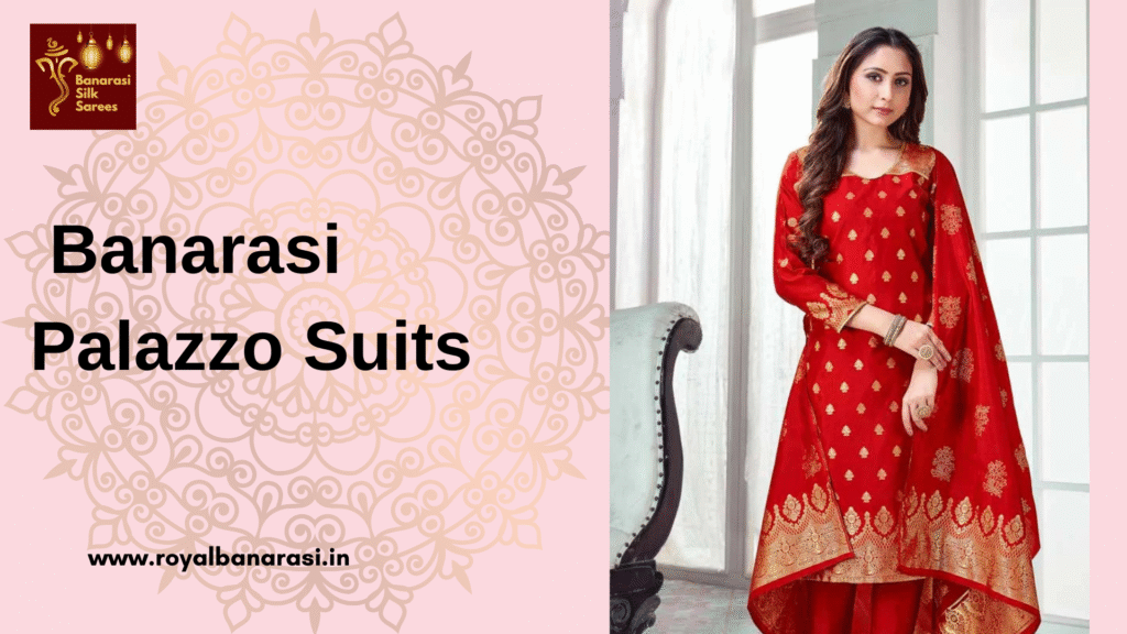 A girl having red color suit which make on banarasi patiala suit style.