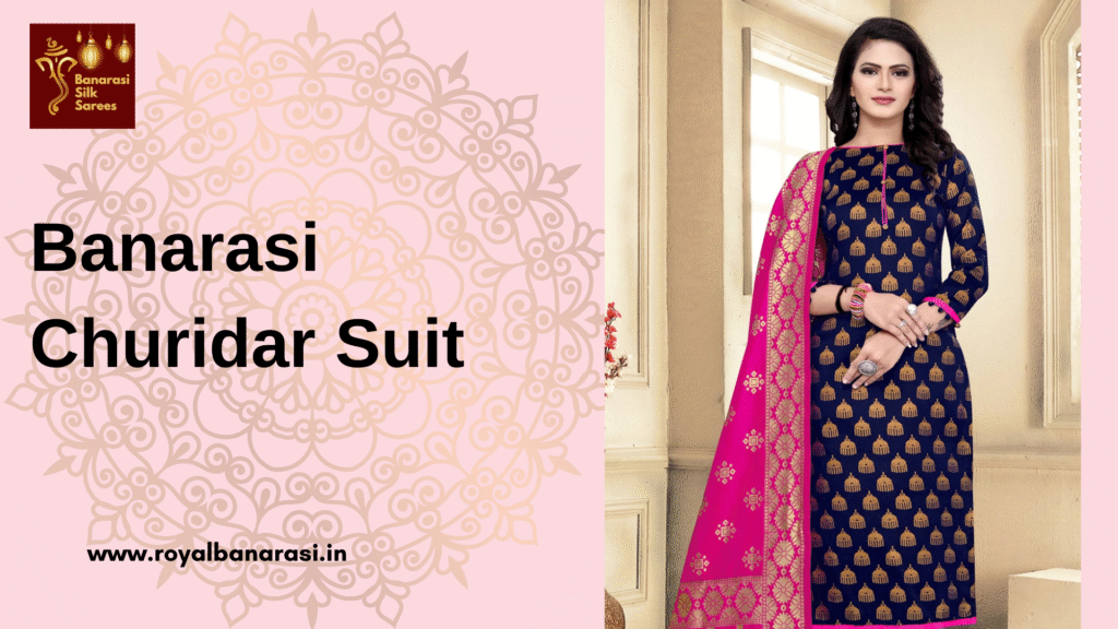 A girl having dark blue color suit which follow tradition of banarasi churidar suit.